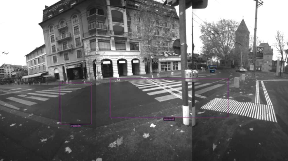 A crosswalk detected by NOA, from the cameras, with a rectangle highlighting the location of the crosswalk in the image.