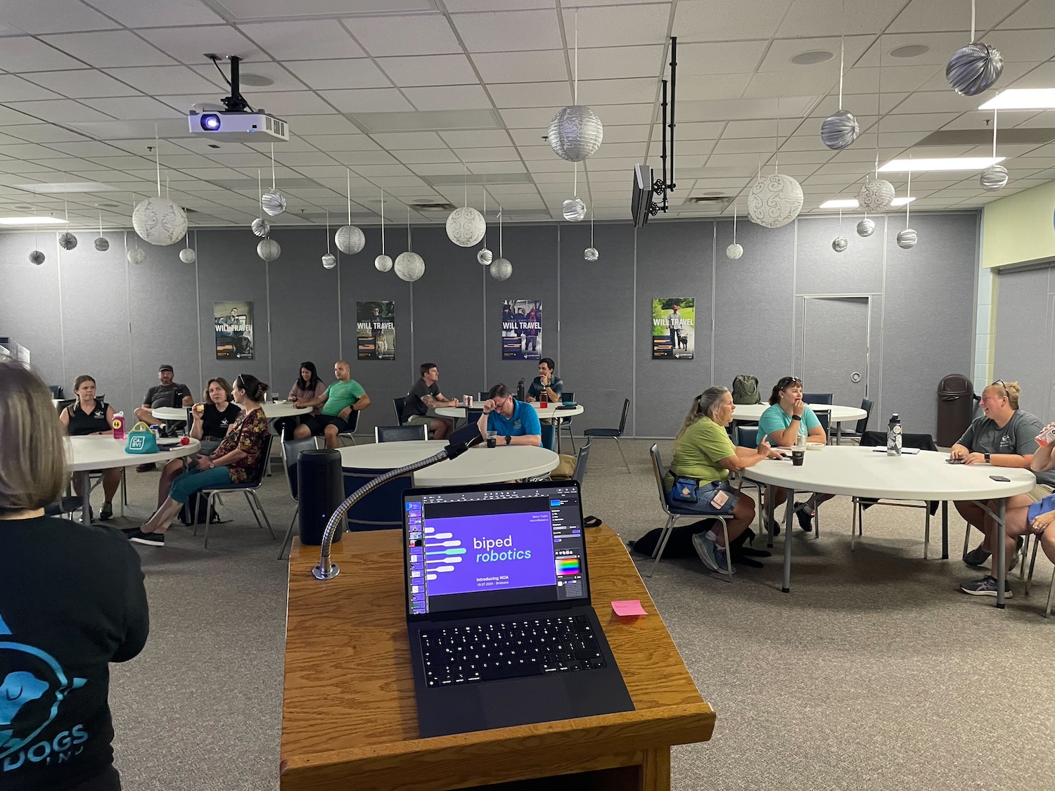 A group of orientation and mobility specialists attending a presentation of NOA in a room.