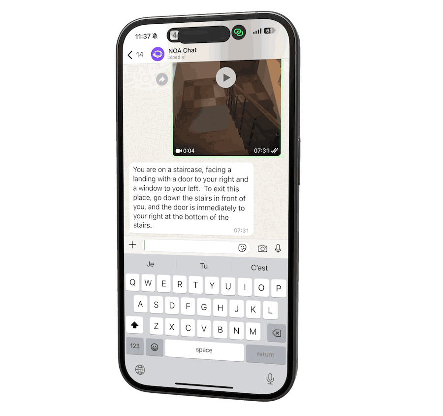 A screenshot on Whatsapp with a user asking in the video 'Where is the exit' and NOA Chat answering that the exit is at the end of the staircases, slightly to your right.