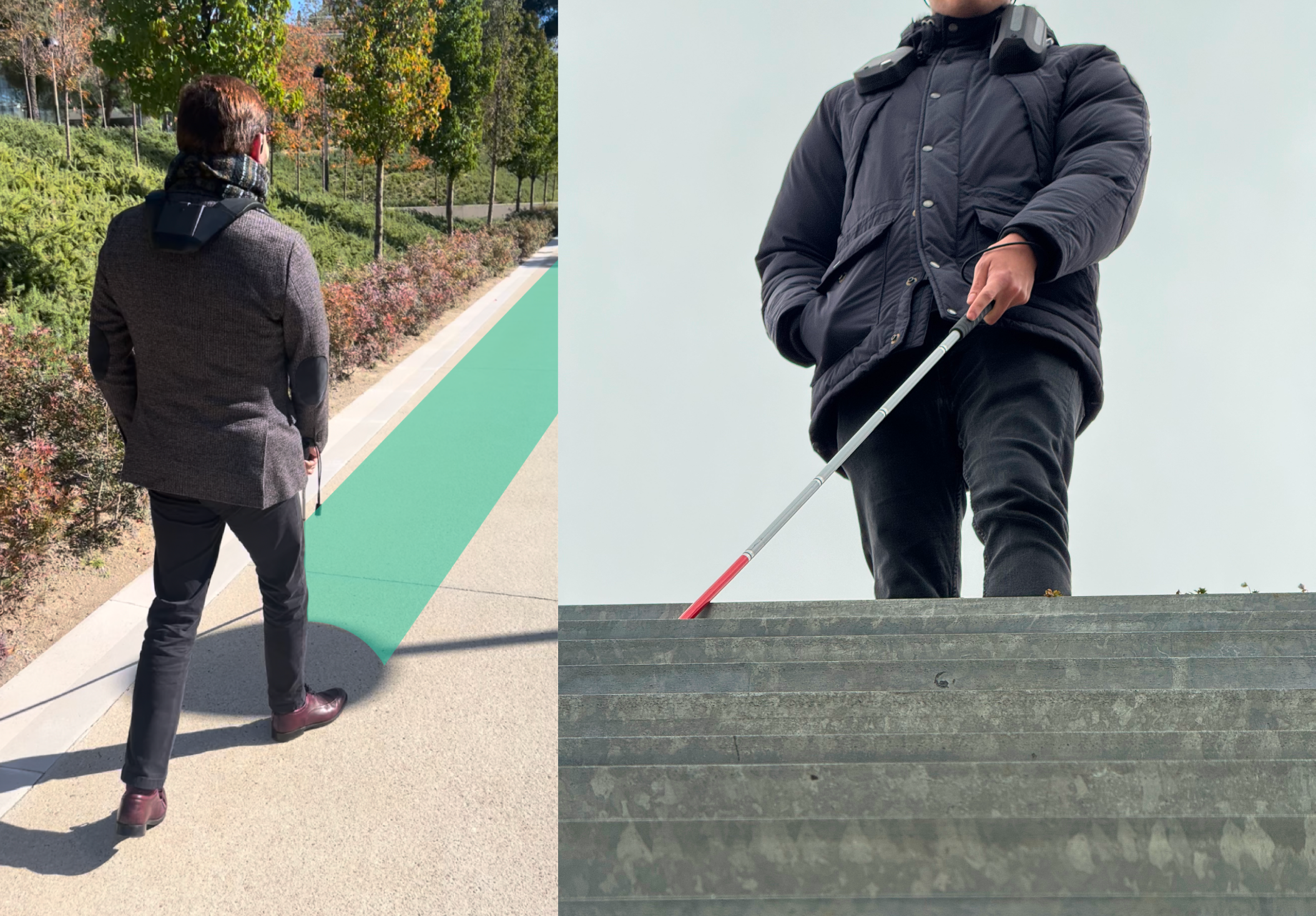 Two side-by-side images of individuals using the biped navigation device. On the left, a person viewed from behind, wearing a gray coat and using a white cane, walks along a garden path. On the right, a person descends a set of outdoor stairs, with the biped device on their shoulders and a cane in hand. Text to the right proclaims 'We're breaking down barriers to create inclusive environments,' highlighting biped's commitment to enhancing workspace accessibility with technology like obstacle detection and GPS navigation.